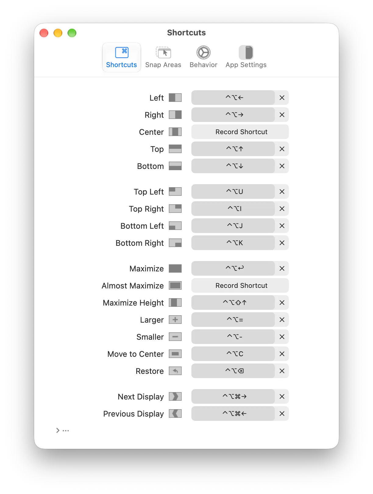 Rectangle shortcut preferences showing window positions and assigned keyboard shortcuts.