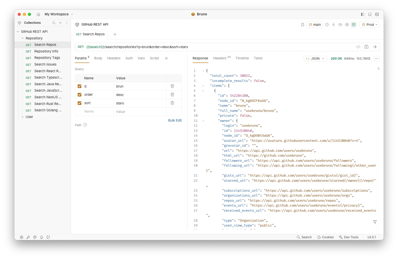 Bruno API client with a request collection and response workspace.