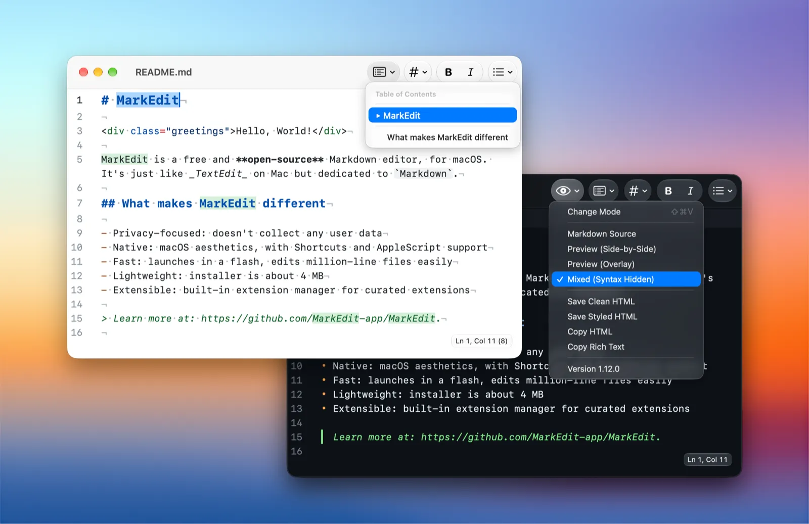 MarkEdit showing a Markdown document in its native Mac editor.
